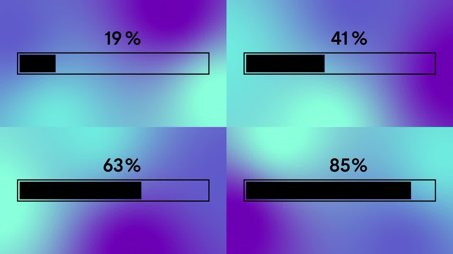 简单的黑色进度或加载器条动画。加载器条从零到百分之百渐变蓝色和紫色的背景发现。4K分辨率动画