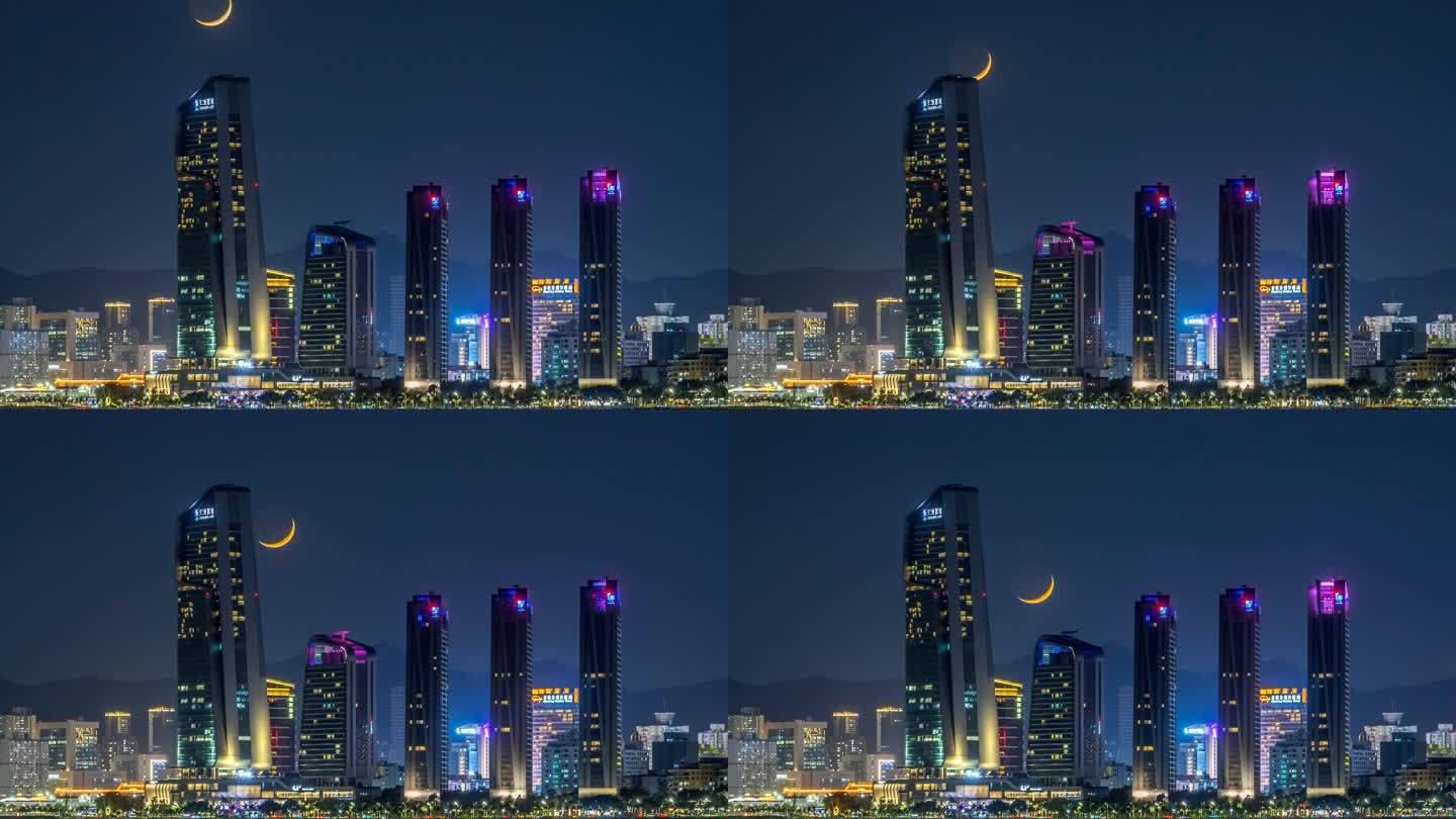 月亮穿过高楼建筑珠海城市天际线延时素材