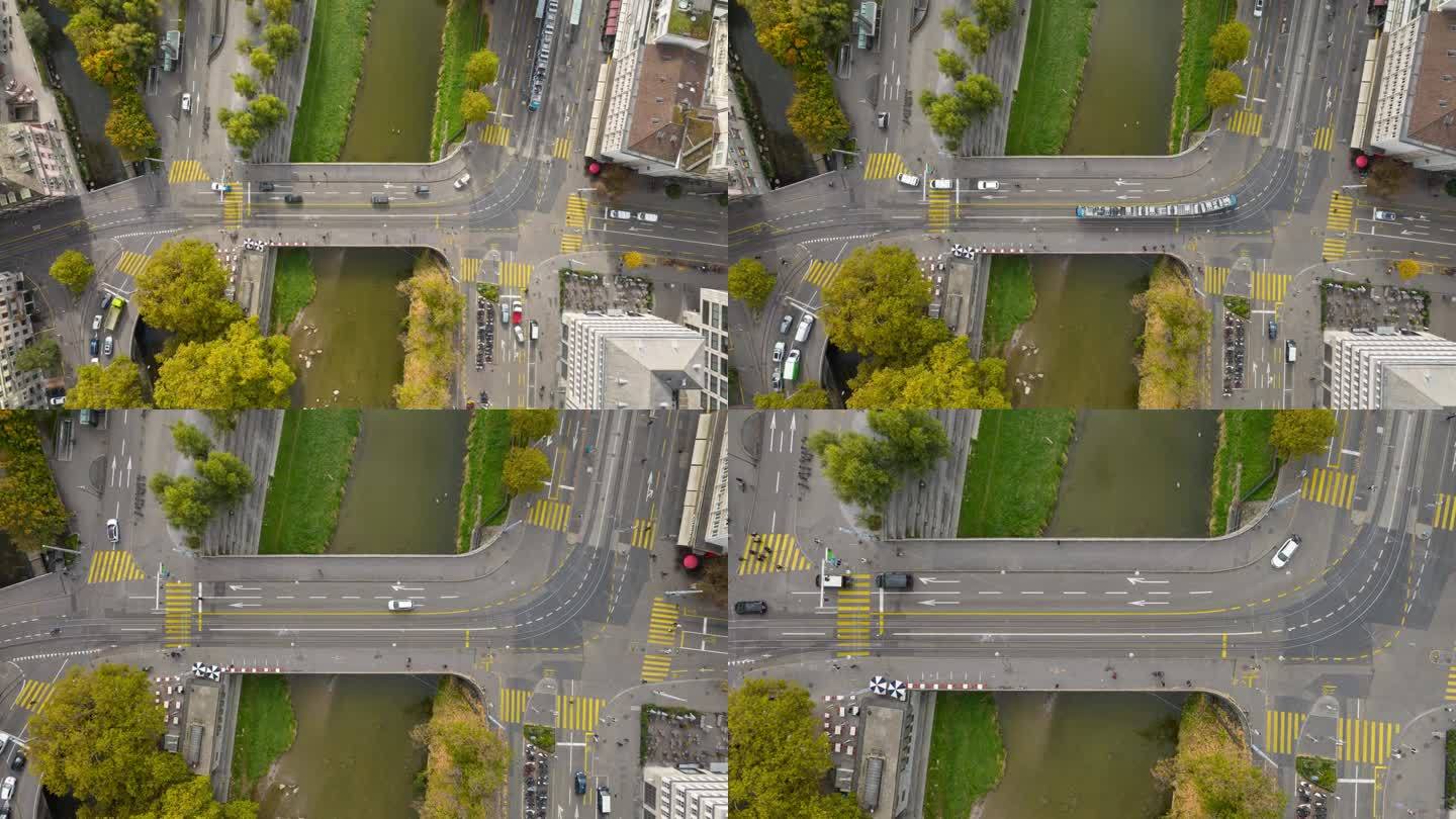 白天苏黎世市中心交通河滨街大桥空中俯瞰全景延时4k瑞士
