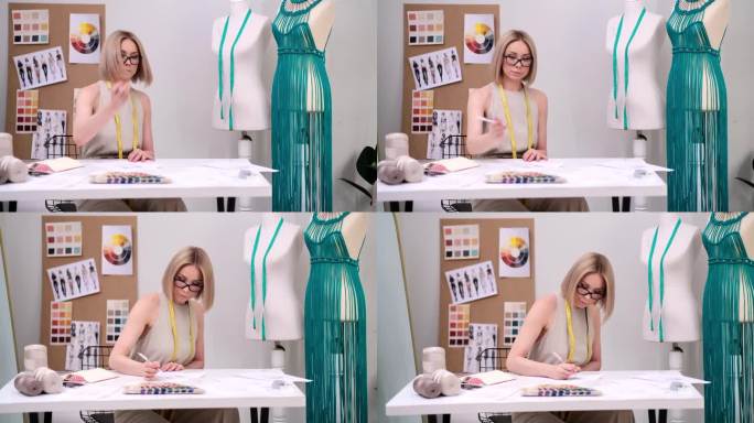 在时装工作室，戴眼镜的女人正在制作优雅的服装草图