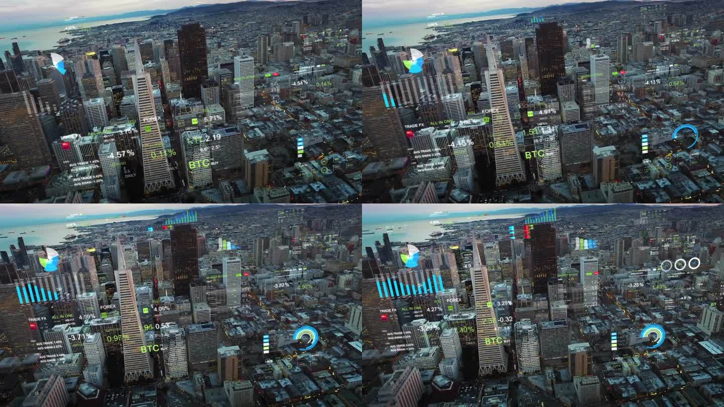 旧金山的鸟瞰图与金融图表和数据。未来的城市天际线。大数据、人工智能、物联网、VR。股票交易数据。