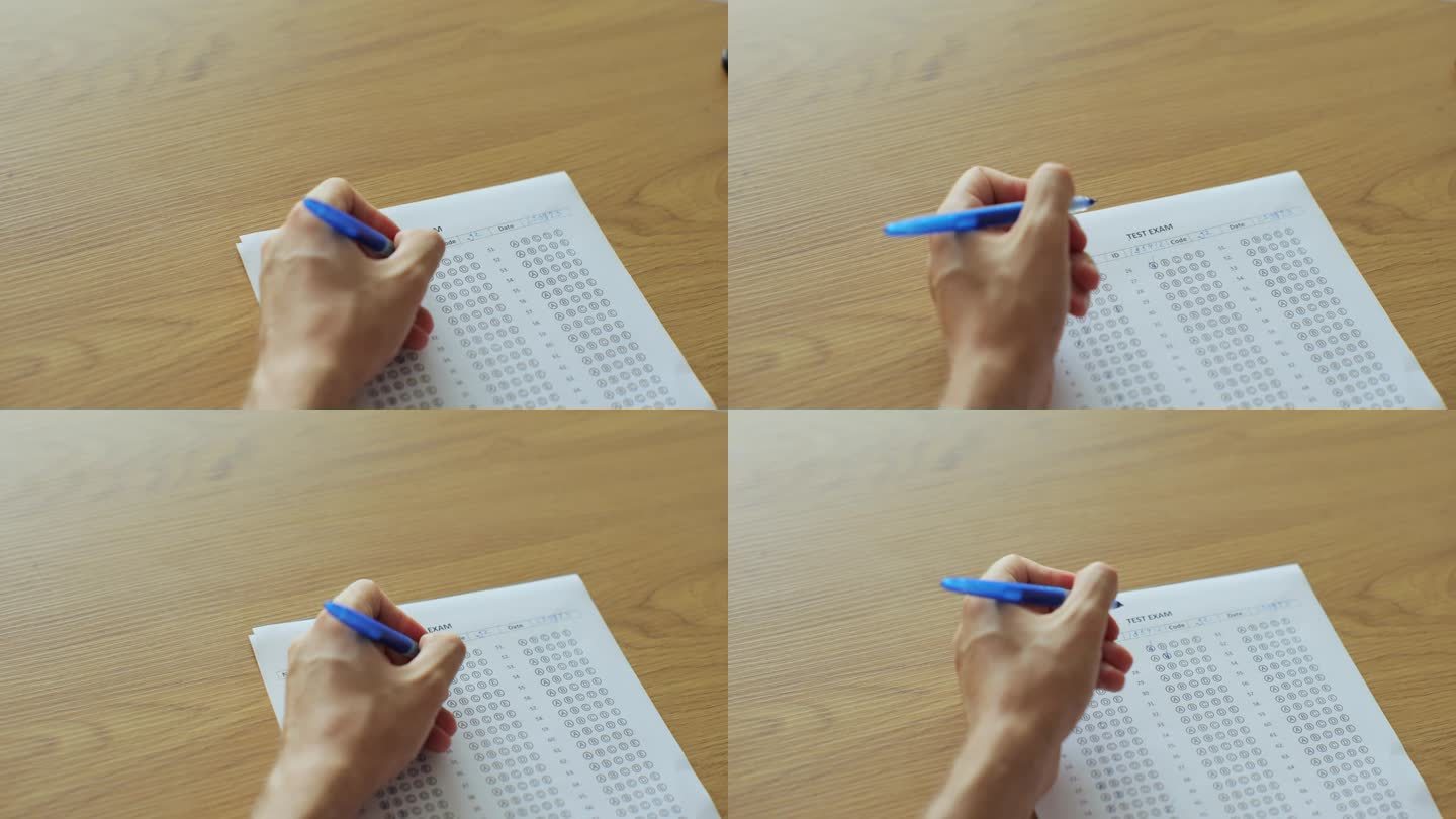 学校或大学的女学生手握试卷，在考场用铅笔在光学表格答题纸上写字。