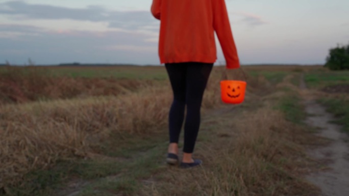 万圣节晚上，一个女孩提着南瓜形的篮子走在田野的路上。不给糖就捣蛋派对的4K概念。在秋天的傍晚，一位年