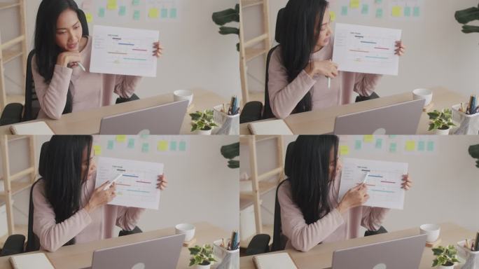 年轻女性在家工作时，通过视频会议进行头脑风暴并向同事展示图形用户界面原型。