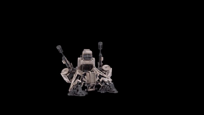 详细的3D模型机器人死亡后正面侧面视图，战士未来机器渲染动画，操纵骨骼结构，覆盖阿尔法哑光通道混合，