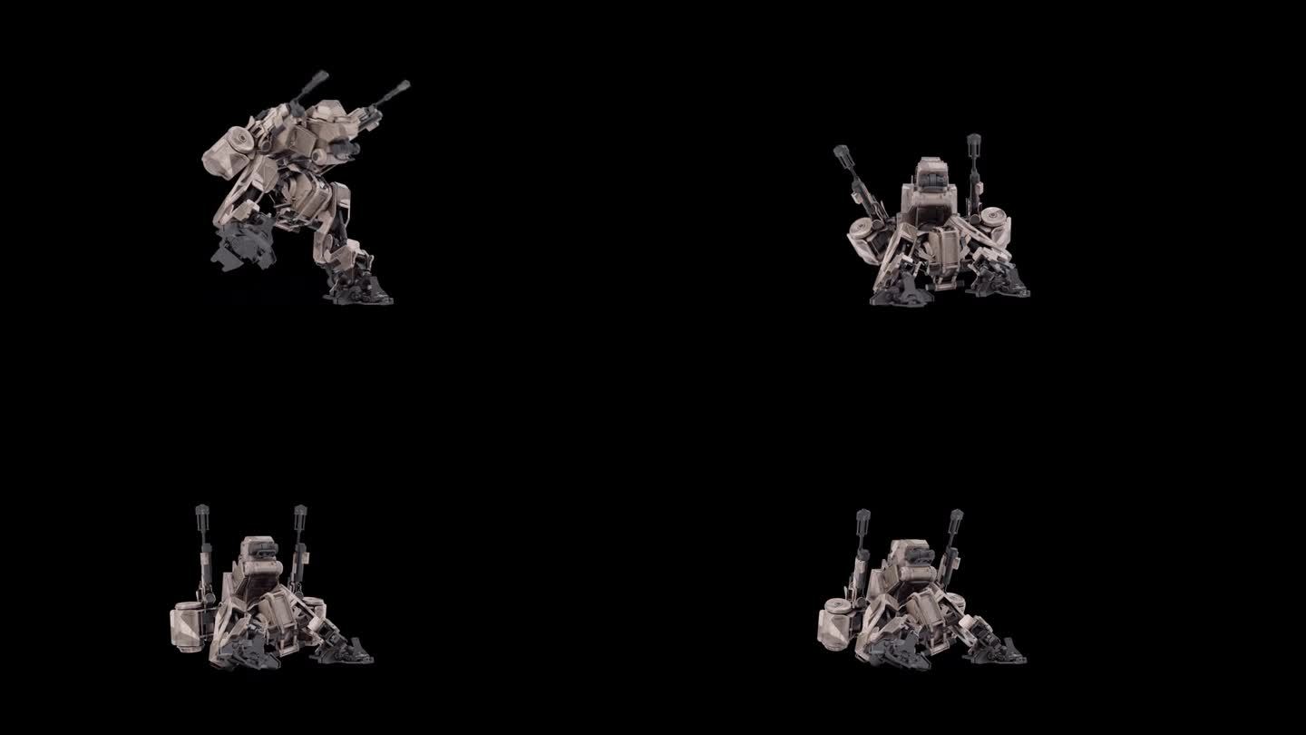 详细的3D模型机器人死亡后正面侧面视图，战士未来机器渲染动画，操纵骨骼结构，覆盖阿尔法哑光通道混合，