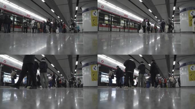 低角度地铁站台延时 繁忙的人群 杭州地铁