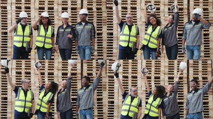一群敬业的工人，穿着安全制服，站在托盘仓库工厂里。他们脸上灿烂的笑容证明了他们对自己的工作感到自豪，