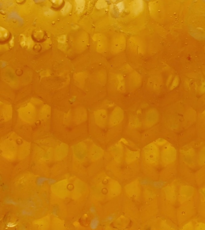 我从盘子里拿出一块金色的蜂窝片，打开它，它慢慢地渗出蜂蜜。从下面看宏观。垂直视频。