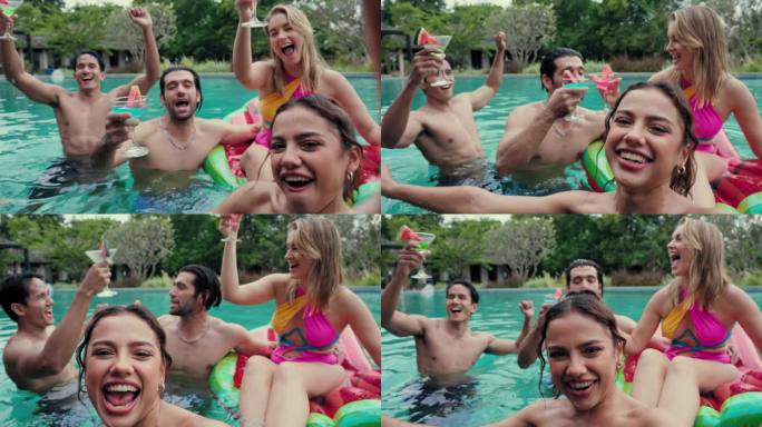 一群多元文化的朋友在泳池派对上自拍，在私人泳池别墅享受户外旅行假期旅行