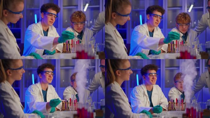 理科生在大学的实验室里做化学实验。
