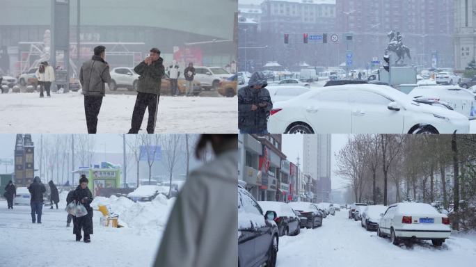 4k暴雪下雪人文镜头系列走路外卖年轻人