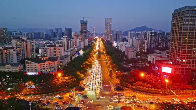 海南省三亚市吉阳区城市夜景交通车流航拍