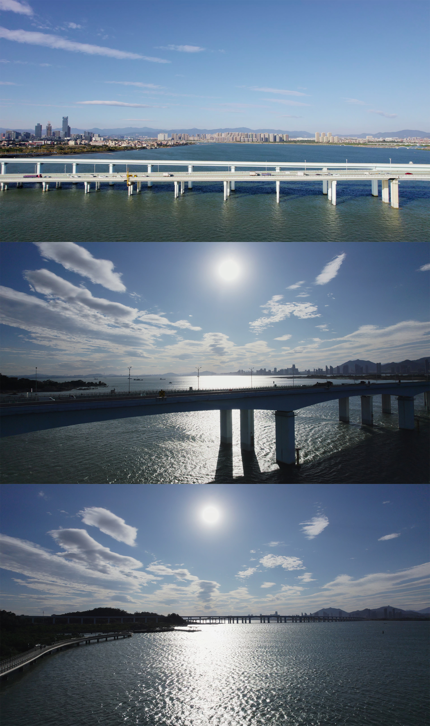 海上大桥逆光航拍视频