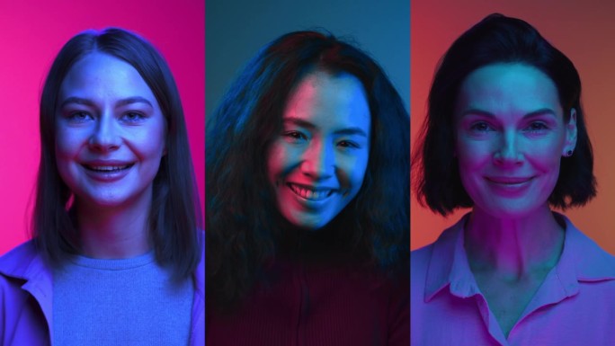 在霓虹彩光下，一起看镜头微笑的女性幸福肖像的多屏。亚裔女孩和白人年龄差异的多屏分割。不同的多种族人类
