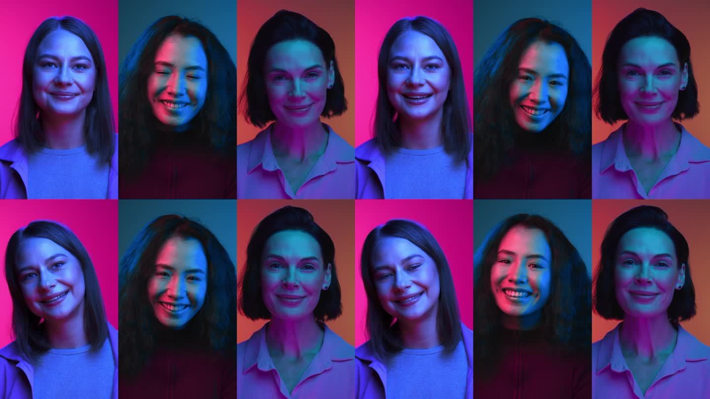 在霓虹彩光下，一起看镜头微笑的女性幸福肖像的多屏。亚裔女孩和白人年龄差异的多屏分割。不同的多种族人类