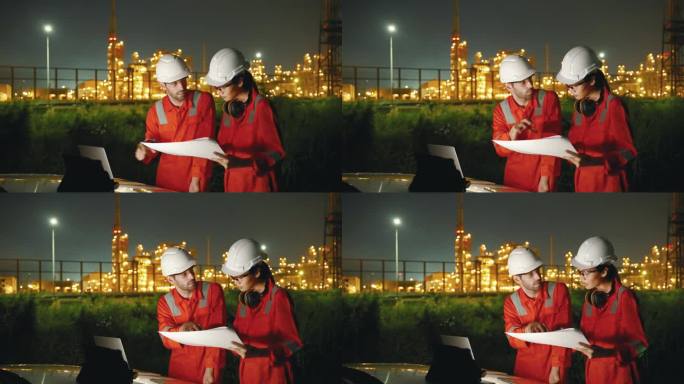 两名检查工程师在夜间使用炼油厂和炼油厂的笔记本电脑检查工厂的生产质量，能源生产的研发理念