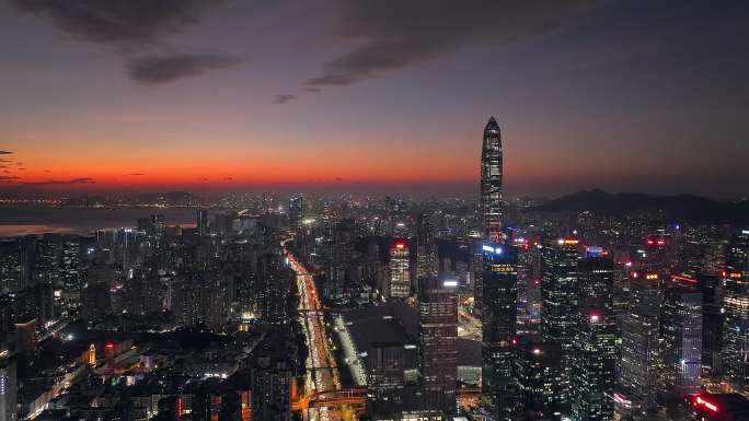 航拍深圳福田城市天际线灯光内透夜景