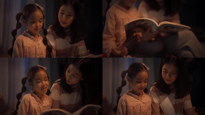 韩国母亲临睡前给可爱的小女儿读童话故事。年轻美丽的妈妈照顾小女孩，晚上在家读一本书里的故事