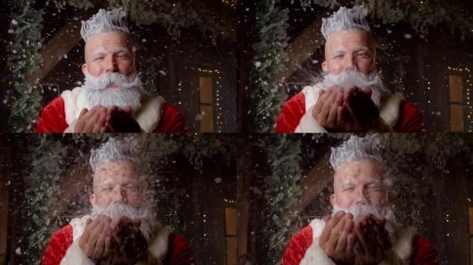 圣诞老人在节日之夜吹着喜庆的冬雪，送来圣诞祝福