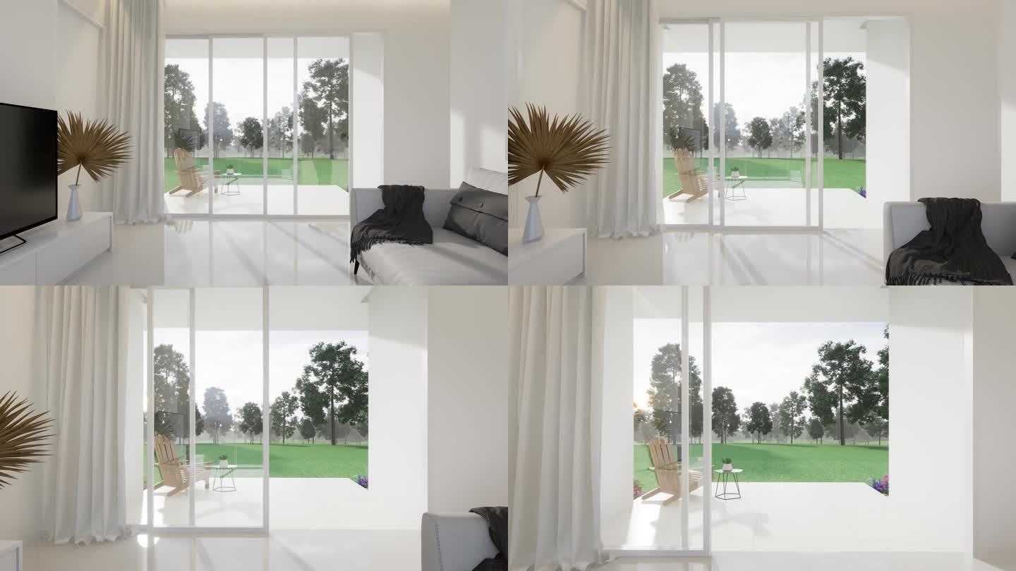 动画的最小风格小白色客厅俯瞰露台和自然景观3d渲染