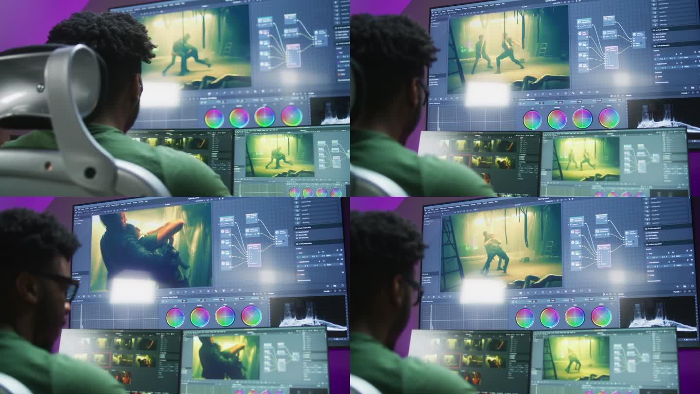 非裔美国男性配色师在电脑上工作的后视图