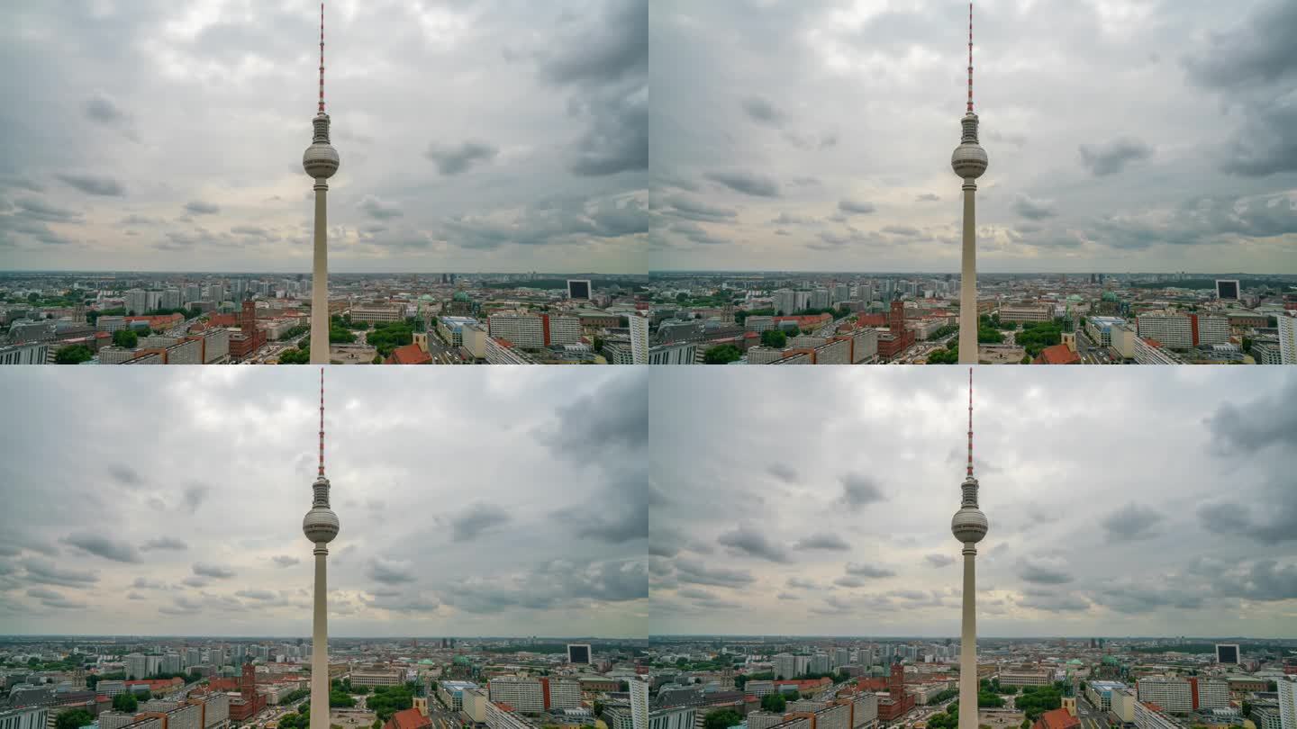 随时间流逝的柏林城市景观与电视塔，柏林芬瑟图姆。德国、欧洲。蓝色的天空。