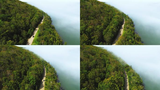 雾堤向内陆移动俯视穿越山川穿越海峡