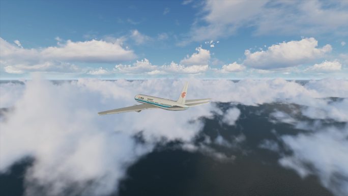 民航客机在空中飞行云层中穿梭