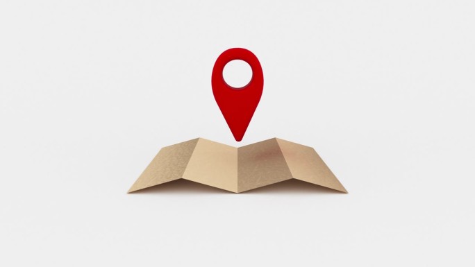 折叠的纸质地图中间的红色位置标记。位置或导航图标在白色背景上上下移动。GPS位置地图图标。极简主义的