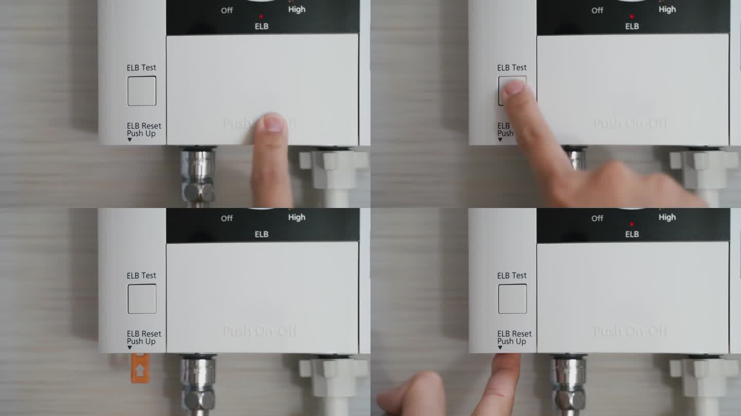 关闭手动按钮ELCB测试，用于测试热水器系统的安全性。安全可靠的概念。