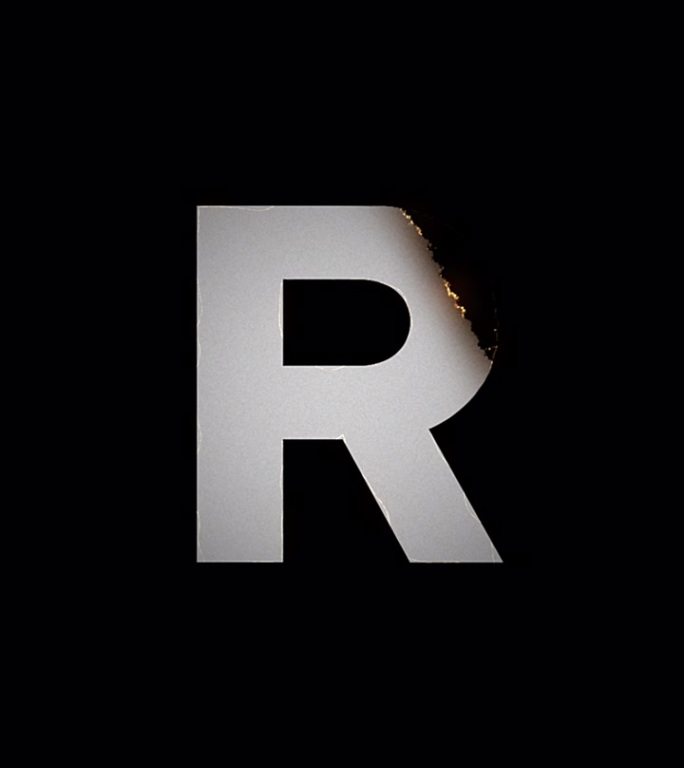 火字母显示和消失动画。R符号燃烧像纸烬和烟在黑色的背景。设计元素