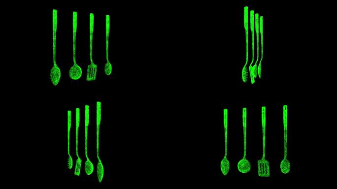 3D不同的餐具在黑色背景上旋转。厨房和餐厅的概念。器具商店。商业广告背景。用于标题，文本，演示。3d