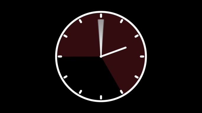 黑色背景上的白色时钟计时动画，从9点到5点的办公时间，紧张的老鼠赛跑，最后计时器爆炸。包括Alpha