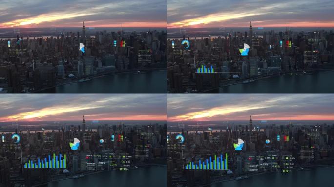 纽约的金融图表和数据。全息信息。未来的城市天际线。虚拟现实。