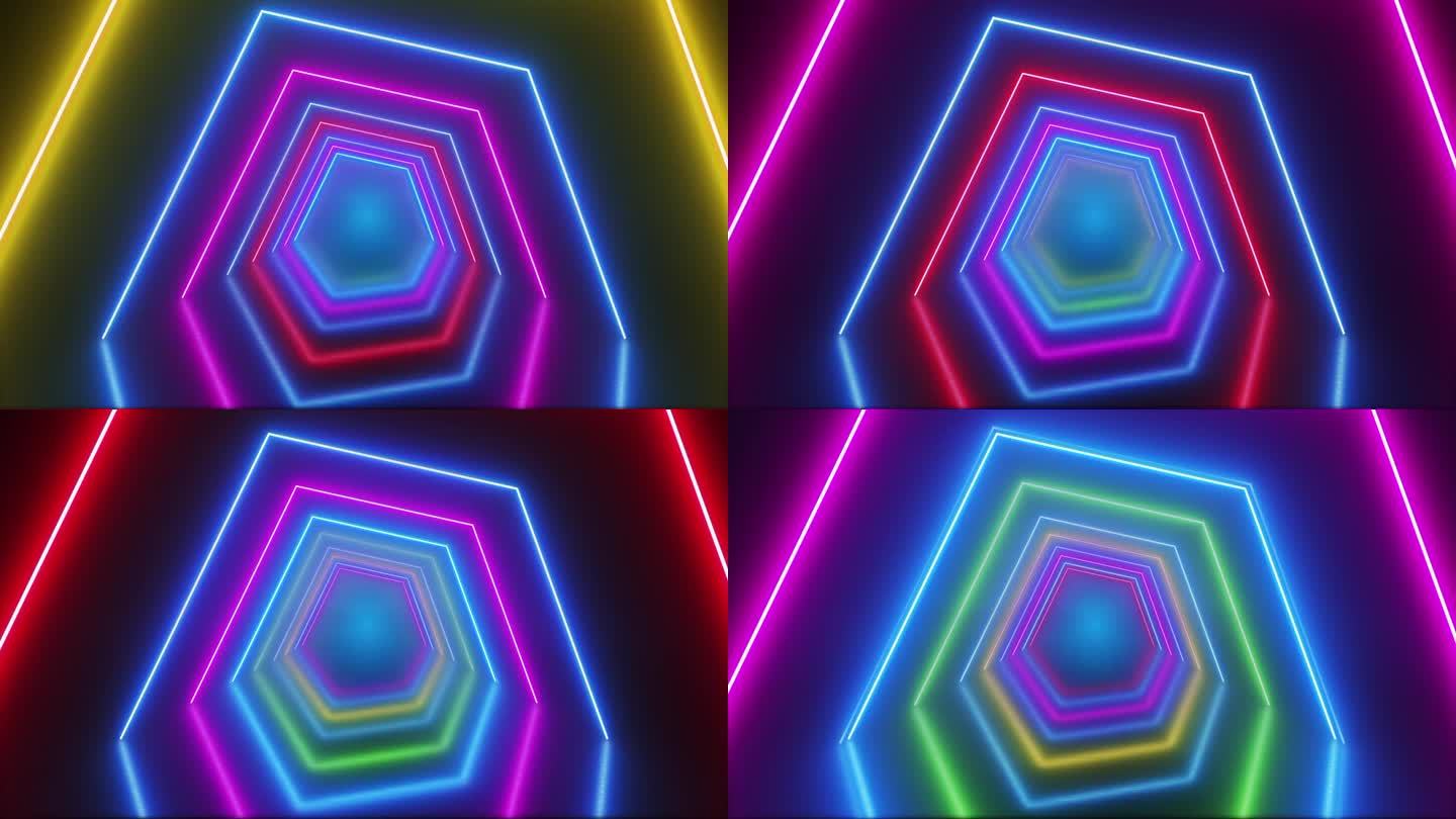 彩色移动霓虹灯隧道。传送门的线条在地板上发光和反射。循环无缝动画。