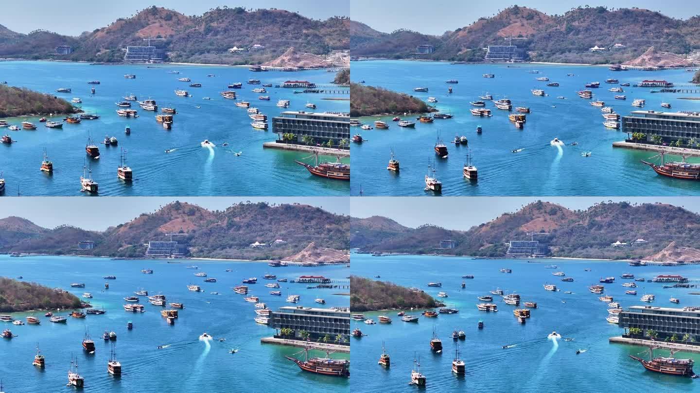 鸟瞰码头与船和船在纳闽巴霍镇在弗洛雷斯岛，印度尼西亚