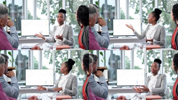 商务，演示和黑人女性在办公室会议的团队，增长和kpi审查。筛选，研究和会议的人与领导的愿景，目标和战