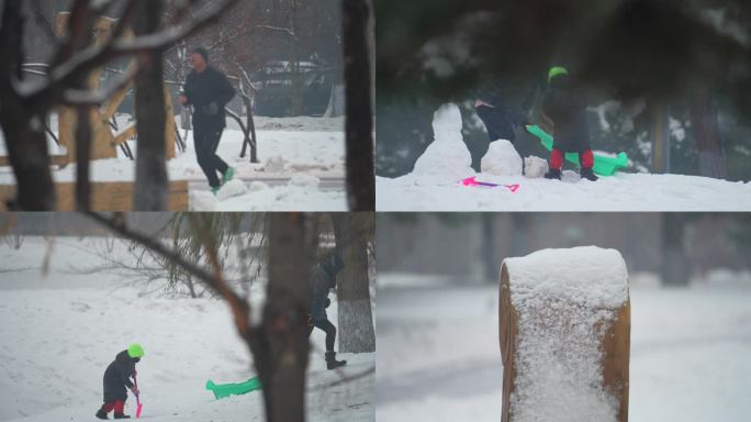 4k东北下雪人文镜头堆雪人跑步锻炼麻雀