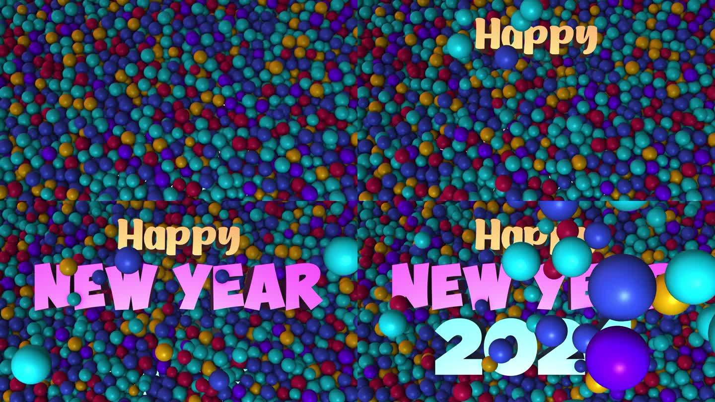 高角度视角2024年新年快乐3d文本显示推动蓝黄红彩色球坑球背景3d渲染