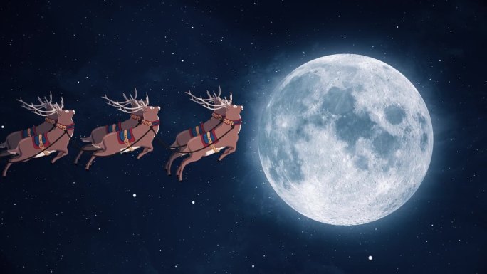 圣诞快乐与圣诞老人和驯鹿。新年概念、礼盒、月亮、问候、动物雪橇、小鹿、节日、贺卡、人物动画、童话、插
