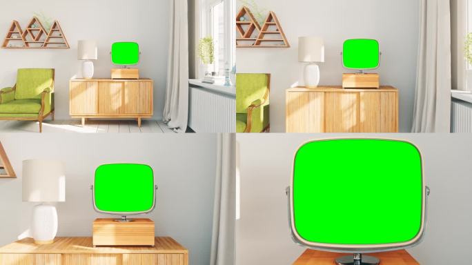 复古客厅室内绿屏明亮室内三维动画镜子绿幕