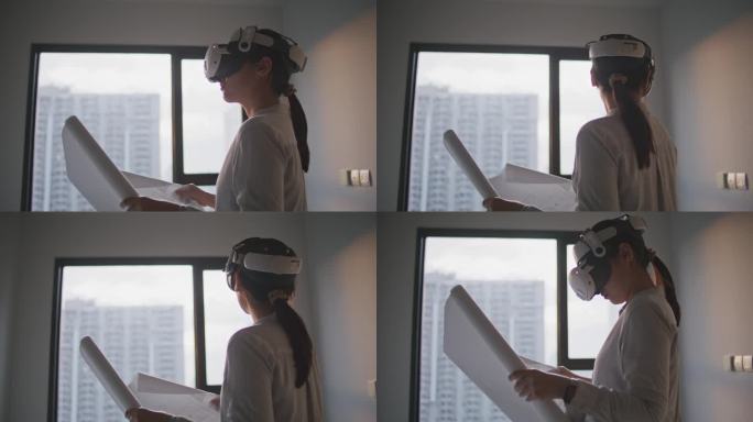 工程师或建筑师使用VR眼镜在MIX现实设计中工作