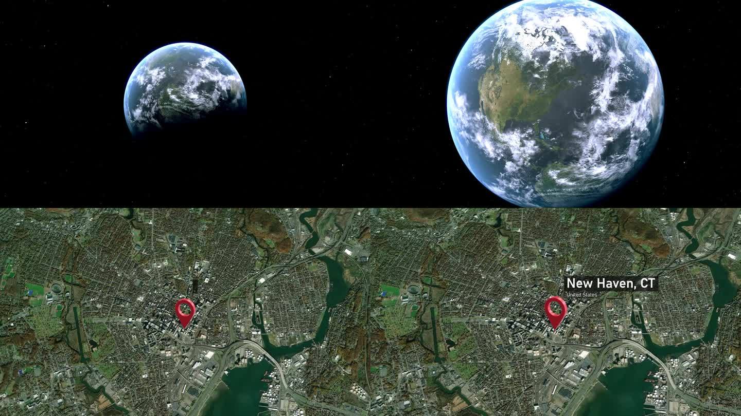 纽黑文市地图从太空到地球的缩放，康涅狄格州，美国