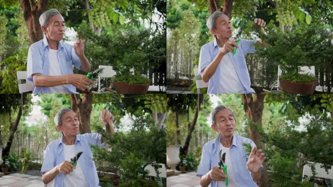 亚洲老年男子喜欢在家中打理户外植物花园