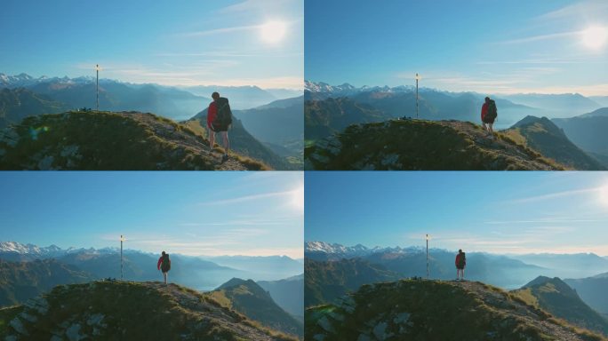 一名男子徒步旅行的背景在因特拉肯在瑞士阿尔卑斯山附近的路标