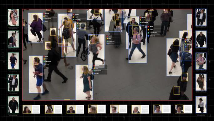 监控界面使用人工智能和面部识别系统对个人数据进行分类，显示每个人的性别、种族和服装类型。深度学习。未