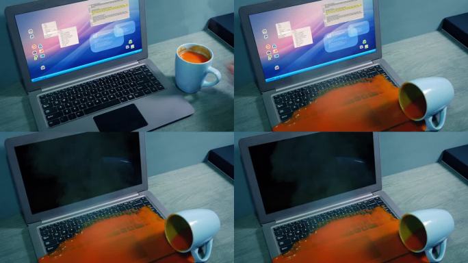 一杯热汤打翻在笔记本电脑上