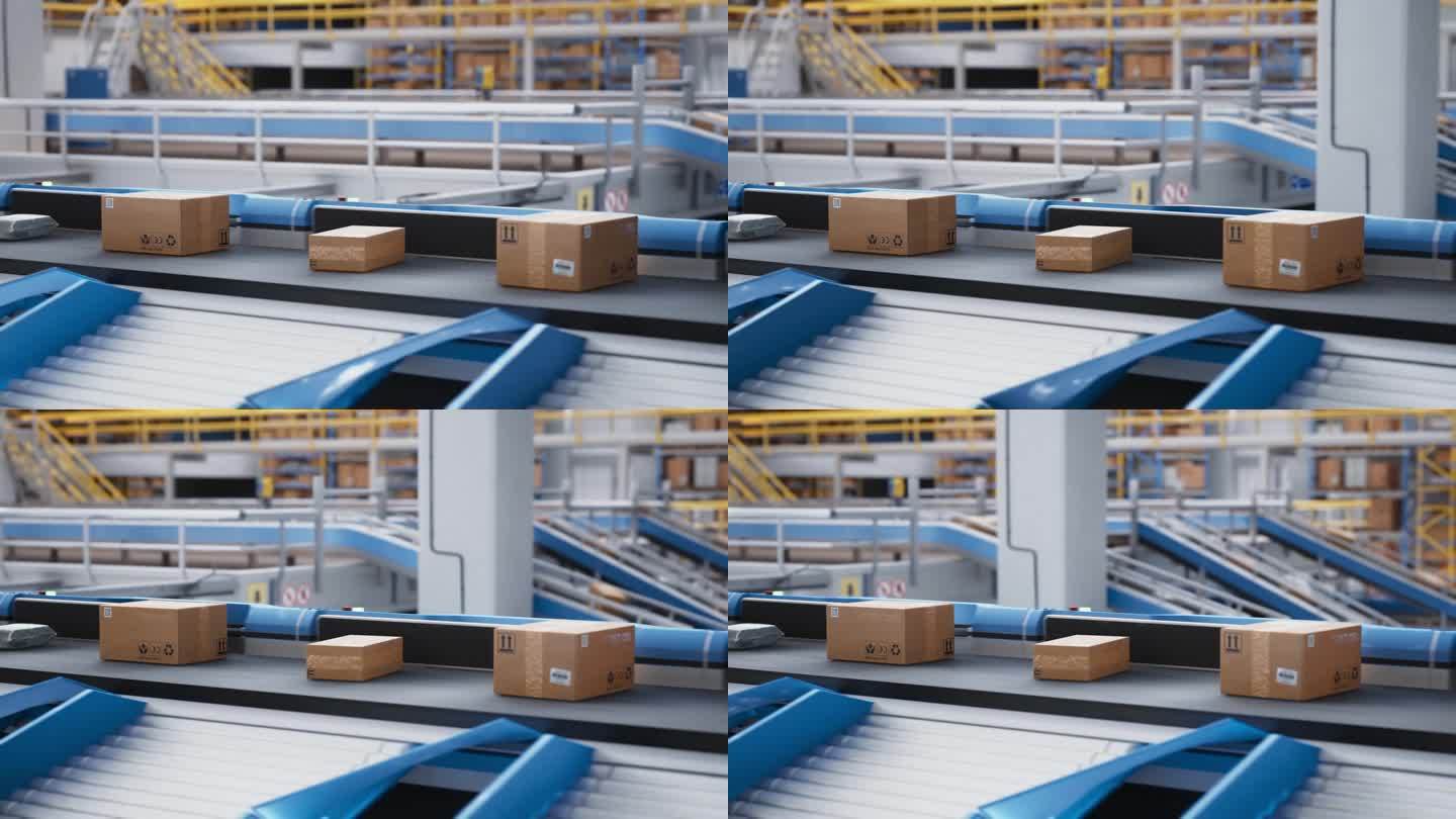 在线订购包裹、纸板箱和包裹在现代物流中心的传送带系统上运输，采用自动分拣技术