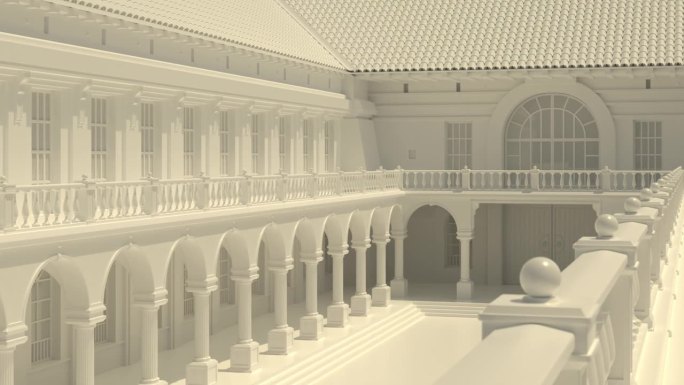 博洛尼亚风格的意大利宫殿。带有阳台和柱子的复古建筑，粘土3d渲染与平滑的相机运动。